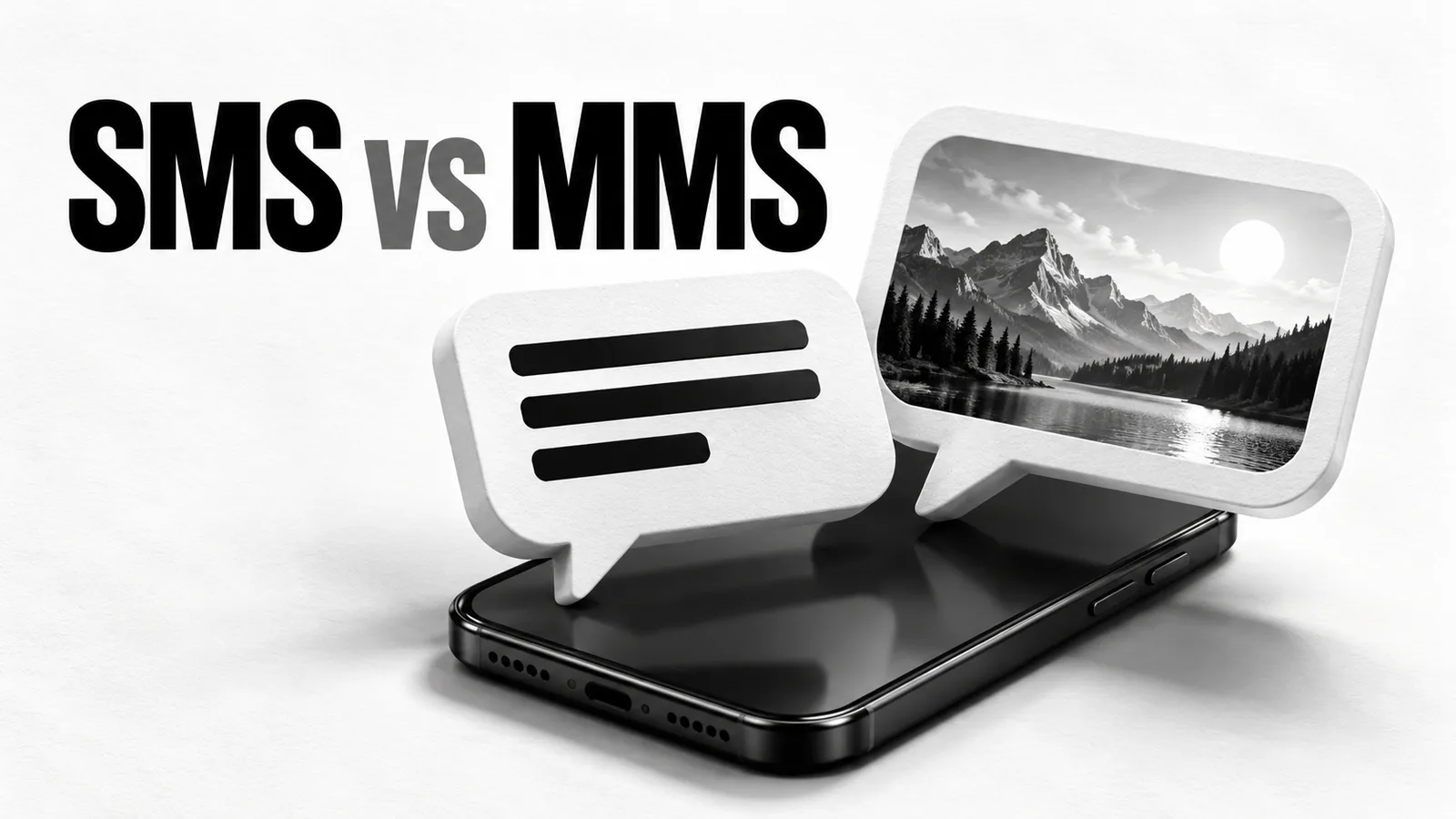 Black-and-white illustration of a smartphone with a text bubble and a separate picture message
