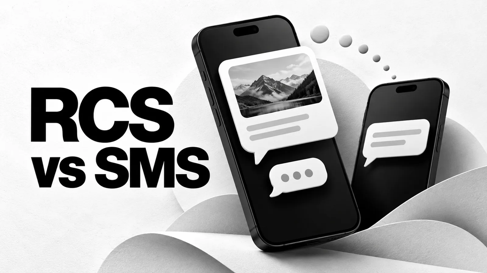 Black-and-white illustration of two smartphones showing a rich chat with a photo and typing dots beside a plain text message