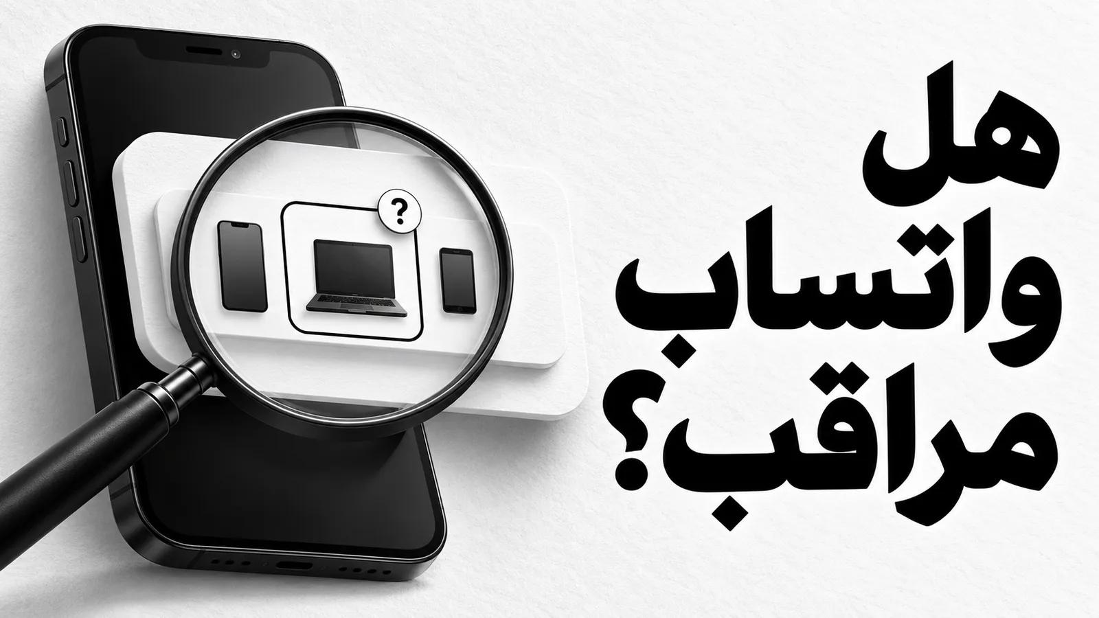 رسم بالأبيض والأسود لعدسة مكبرة تفحص أجهزة متصلة بهاتف، مع عنوان هل واتساب مراقب؟