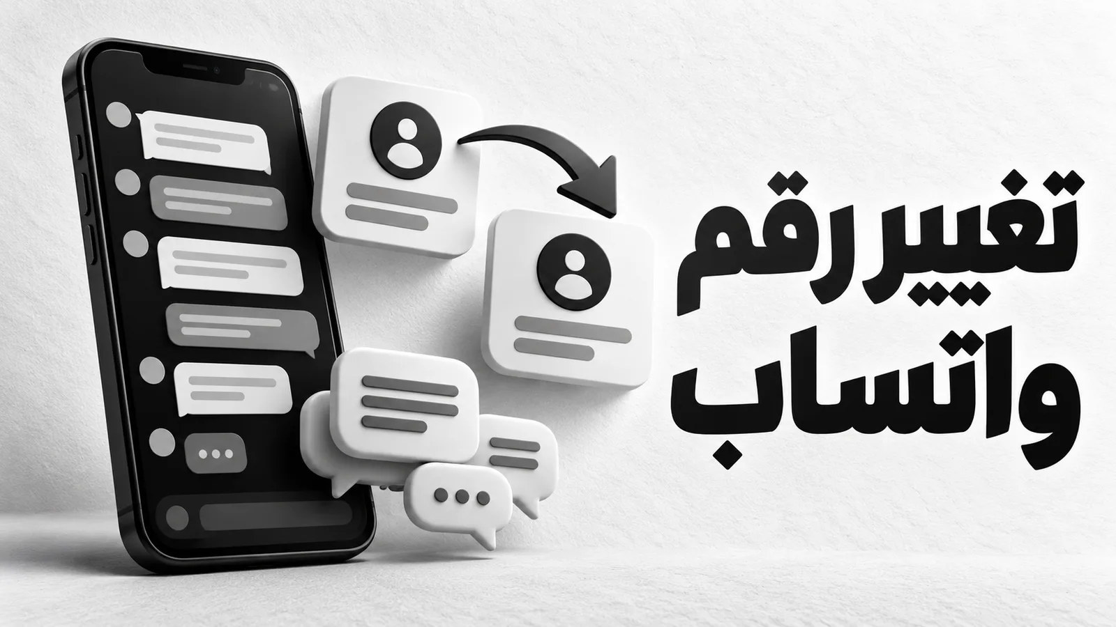 رسم بالأبيض والأسود لهاتف ومحادثات وبطاقتي اتصال بينهما سهم، مع عنوان تغيير رقم واتساب